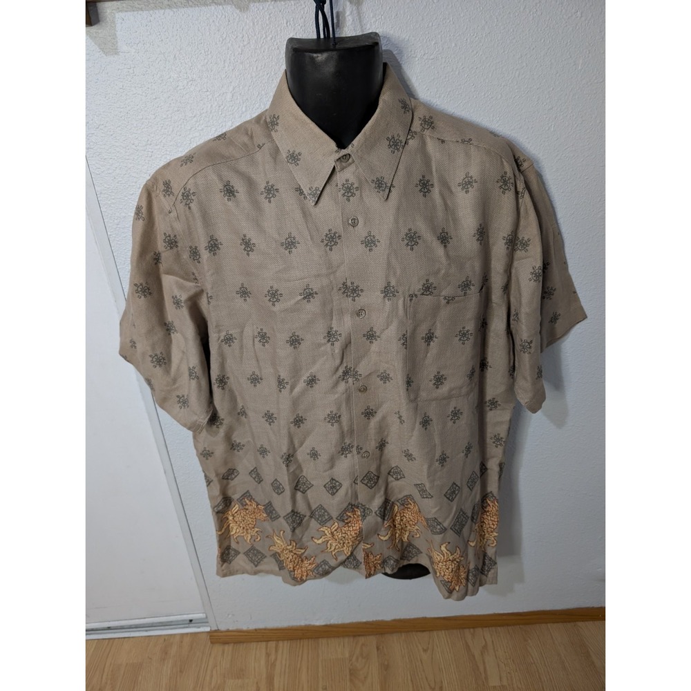 UN TIED Men's Large Textured Cotton Button Up Shirt Pineapple Border Print 90s